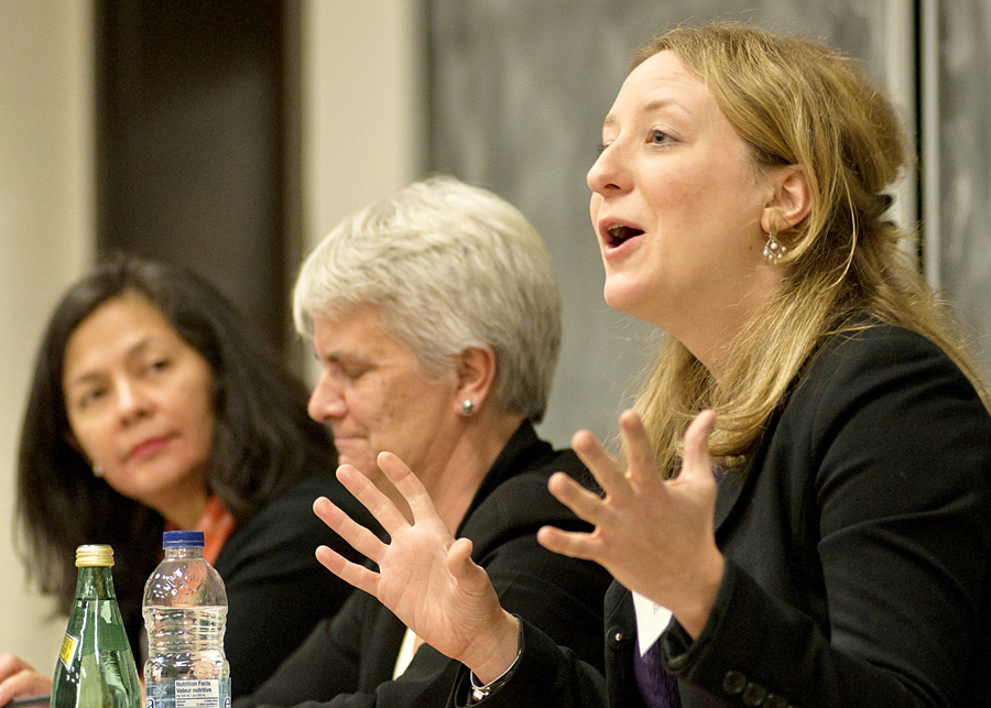 Audra Rényi discusses new aid strategies. (Jesse Conterato / McGill Tribune)