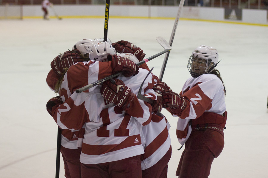 Mélodie Daoust celebrates with her teammates after scoring a goal. (Luke Orlando / McGill Tribune)