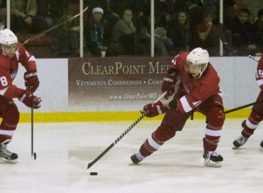 Defensive duo Ryan McKiernan and Vincent Barnard steer the puck to safety. (Remi Lu / McGill Tribune)