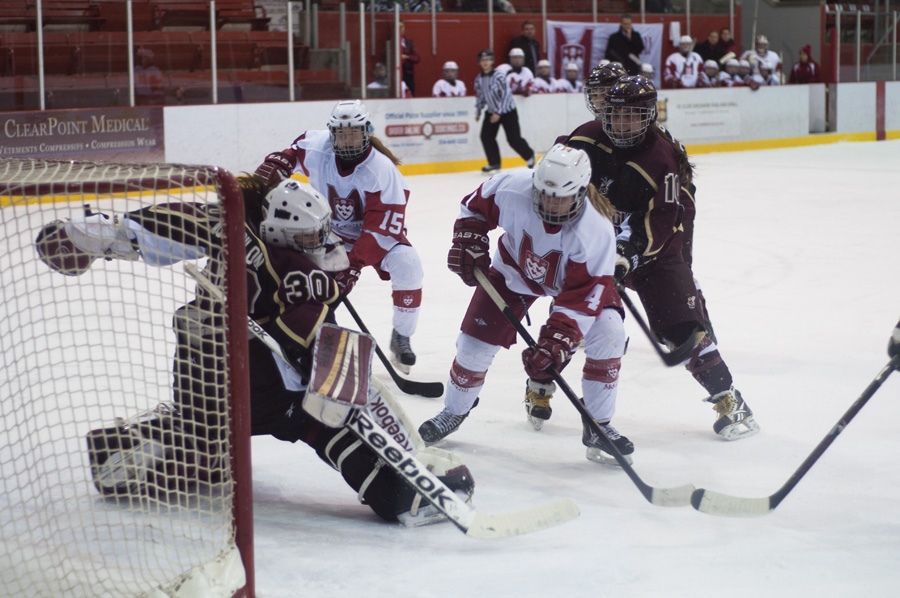 First-year forward Gabrielle Davidson (15) scored two goals in the Martlet victory. (Simon Poitrimolt / McGill Tribune)